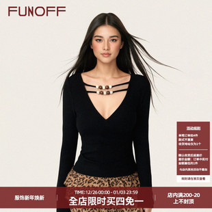 T恤古早性感收腰内搭上衣女 复古黑色串珠V领低胸长袖 FUNOFF 美式