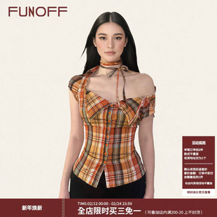FUNOFF 美式复古橙黄色格纹翻领低胸衬衫古着感绑带收腰短袖上衣