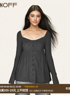 FUNOFF 法式复古灰色蕾丝拼接方领长袖娃娃衫少女感修身毛织上衣