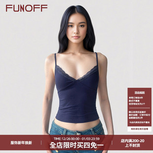 FUNOFF 复古简约V领低胸蓝色吊带背心性感露背收腰内搭上衣女 美式