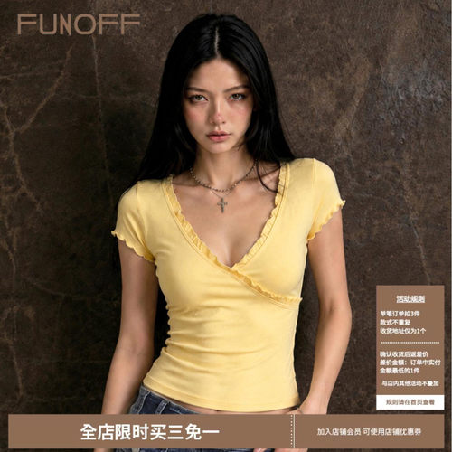 复古简约黄色V领木耳边短袖T恤女