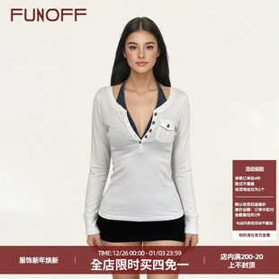 收腰上衣套装 FUNOFF T恤简约修身 复古白色撞色绑带真两件长袖 美式