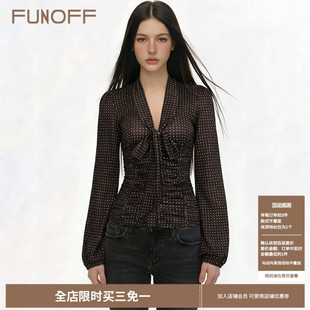 简约修身 FUNOFF 衬衫 复古棕色波点V领绑带纽扣长袖 收腰上衣女 法式