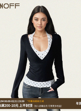 FUNOFF 美式复古黑白波点挂脖背心黑色深V低胸收腰上衣两件套装秋