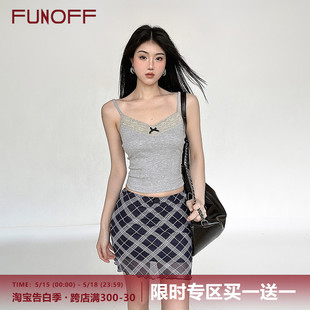 FUNOFF 显瘦上衣 复古蕾丝拼接灰色螺纹吊带背心小众辣妹百搭修身