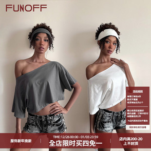 FUNOFF 复古基础灰色宽松斜肩T恤街舞简约白色露锁骨露脐上衣 美式