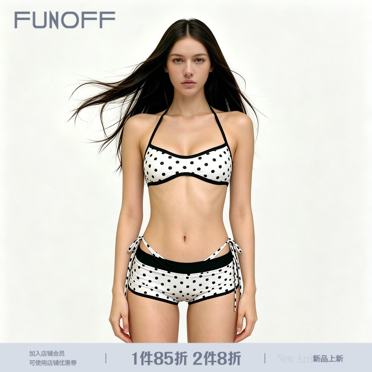FUNOFF 法式性感白色波点印花比基尼套装海边辣妹蓝色泳衣三件套