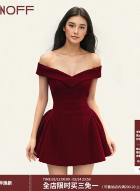 FUNOFF 法式红色翻边一字肩蝴蝶结连衣裙新年千金修身收腰短裙女
