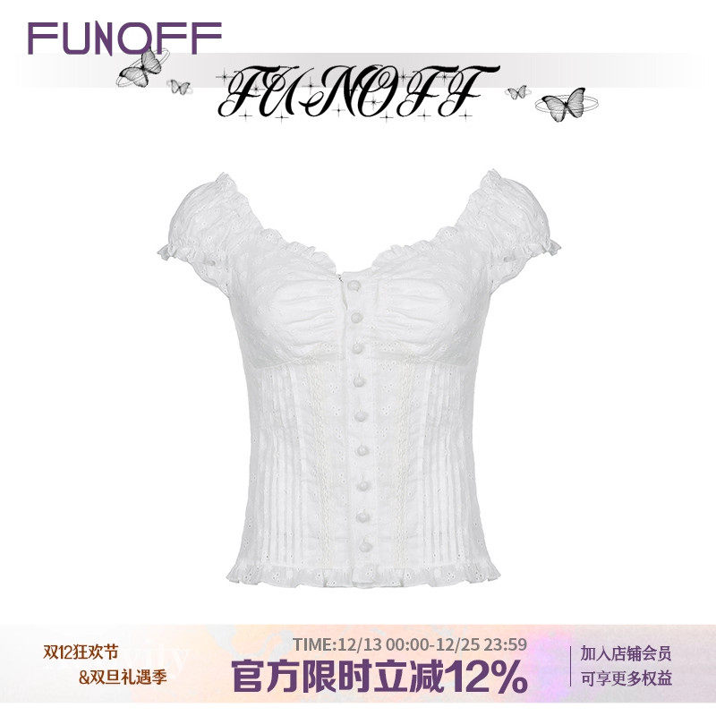 法式复古蕾丝提花褶皱排扣短袖夏