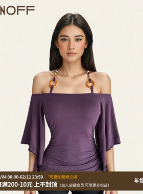 FUNOFF 美式复古紫色串珠挂脖一字肩五分袖T恤简约黑色蝙蝠袖上衣