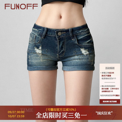 美式复古低腰洗水破洞牛仔短裤女