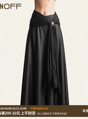 FUNOFF 美式复古黑色皮革飘带伞裙半身裙街头小众宽松显瘦长裙女