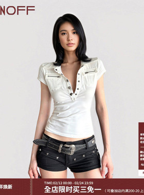 FUNOFF美式复古V领低胸白色短袖衬衫2025夏简约POLO领收腰T恤上衣