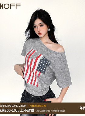 FUNOFF 美式复古灰色印花斜肩短袖T恤夏简约基础休闲圆领宽松上衣