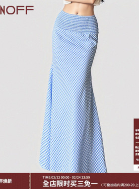 FUNOFF 法式简约蓝色格纹打揽包臀半身裙性感低腰显瘦鱼尾长裙夏