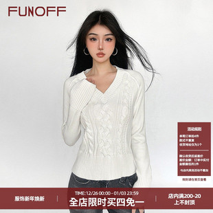 FUNOFF 毛衣 复古巴恩风米白色V领麻花正肩针织上衣bm风2024冬修身