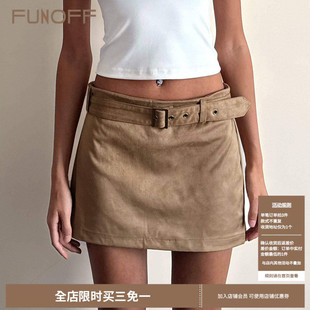 FUNOFF 复古棕色麂皮腰带半身短裙简约金属扣百搭包臀短裙 美式