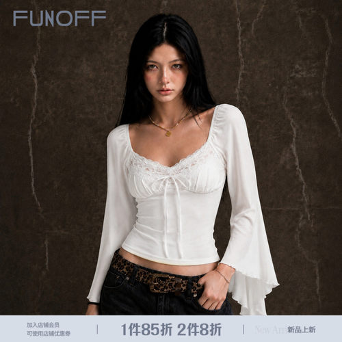 法式少女白色蕾丝系带喇叭袖T恤