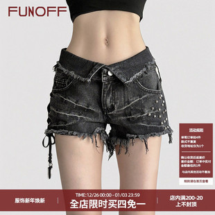 热裤 FUNOFF 绑带修身 复古黑色翻腰头铆钉毛边低腰牛仔短裤 夏 美式