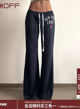FUNOFF 美式复古深蓝色印花绑带低腰针织裤简约休闲直筒遛弯长裤