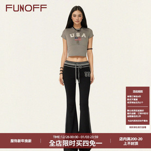 微喇长裤 运动低腰修身 复古撞色条纹数字印花绑带针织裤 FUNOFF美式