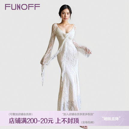 FUNOFF 法式复古白色玫瑰喇叭长袖连衣裙气质飘带收腰鱼尾长裙女