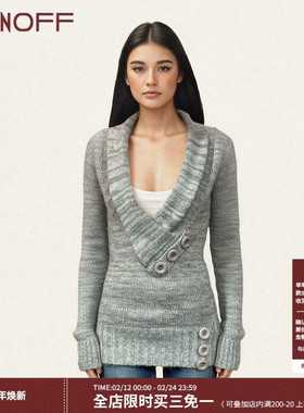 FUNOFF 美式复古灰色翻V领纽扣长款毛织长袖秋古着感低胸收腰上衣