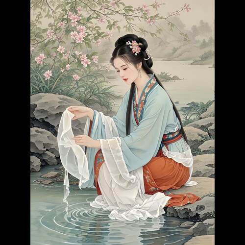 超美西施浣纱图客厅卧室室内墙面装饰古风四大美女贴画仕女自粘贴