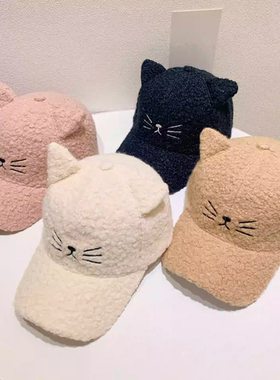 韩版新款羊羔绒猫耳朵棒球帽子秋冬季加厚保暖可爱鸭舌帽百搭潮帽