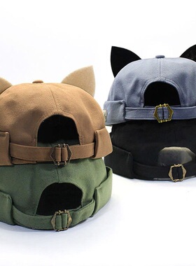 可爱百搭带猫耳朵瓜皮帽地主帽子春秋夏季韩版无檐圆顶雅痞帽潮