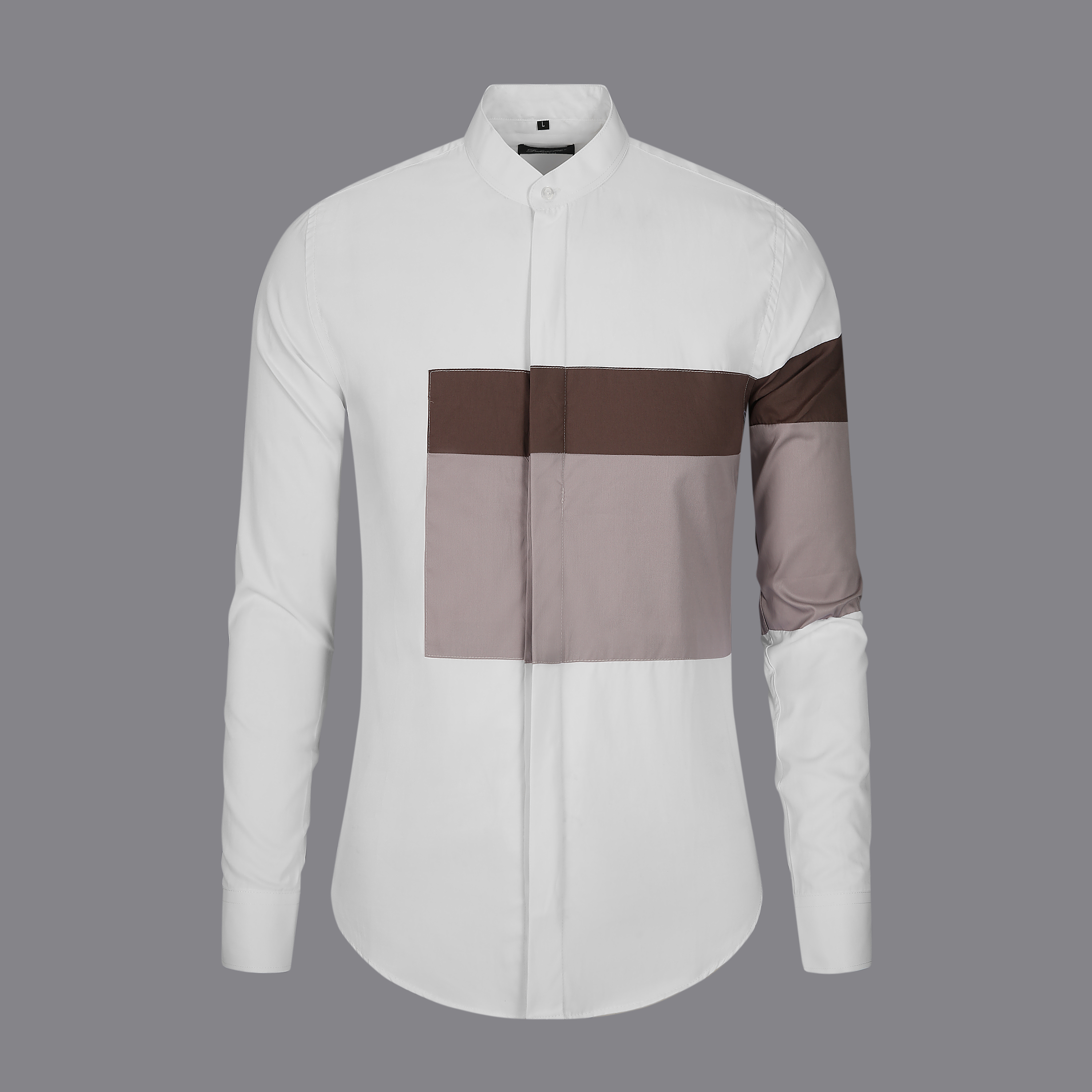 小众极简设计感白衬衫男修身商务休闲小清新立领灰色拼接衬衣潮牌