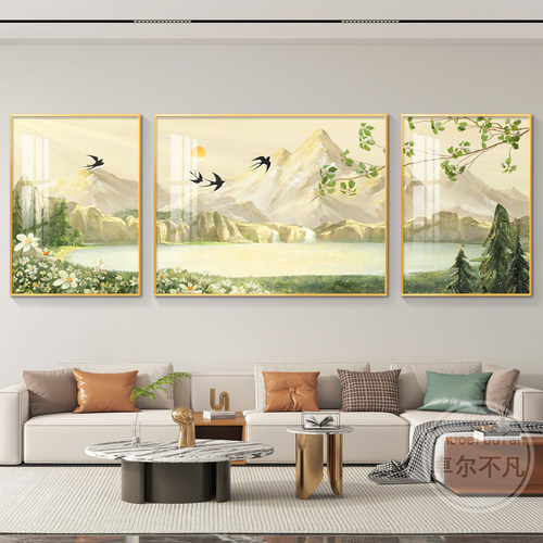 聚宝盆山水客厅装饰画2025新款轻奢高级感沙发背景墙挂画三联壁画