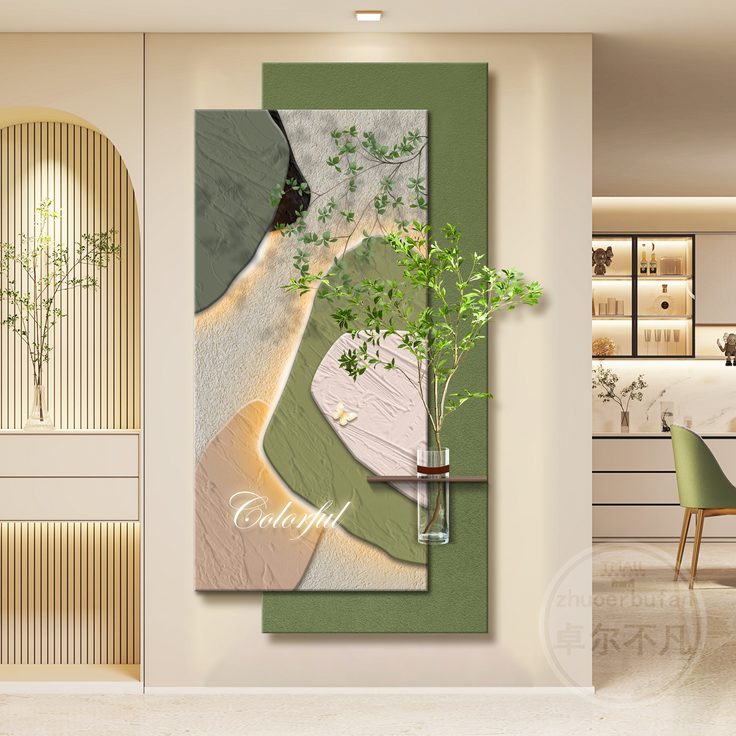 入户玄关装饰画轻奢led带灯抽象色块挂画现代简约绿植走廊过道画图片