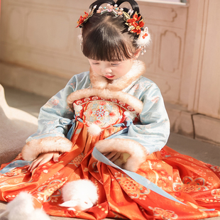 汉服女童2025年冬季新款连衣裙儿童超仙古风襦裙加绒加厚古装唐装