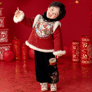 男童汉服拜年服冬季龙年加厚棉古装加绒裤子唐装两件儿童古风套装