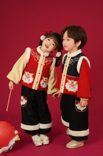 汉服男童冬套装过年拜年服古风唐装红色喜庆棉服上衣裤子加厚古装