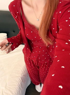 本命年红色蕾丝花边吊带睡衣女春秋新款纯欲风长袖长裤家居服套装