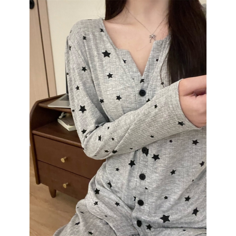 韩版高级感星星印花长袖睡衣女春秋款新款修身显瘦长裤家居服套装