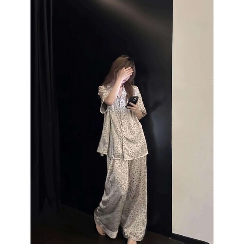 大码韩版女士轻奢豹纹冰丝睡衣女
