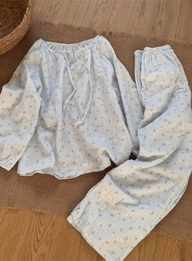 蓝色小清新甜美碎花小兔睡衣女款2025新款秋季长袖长裤家居服套装