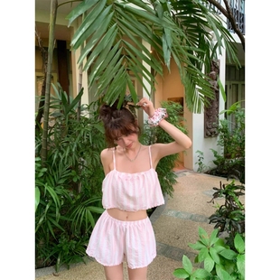 夏日粉色少女条纹小花纯欲吊带睡衣女夏季 2025新款 花边家居服套装