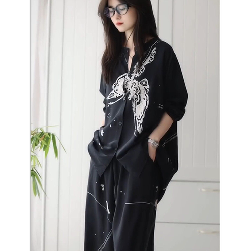 韩系慵懒风蝴蝶印花棉绸睡衣套装