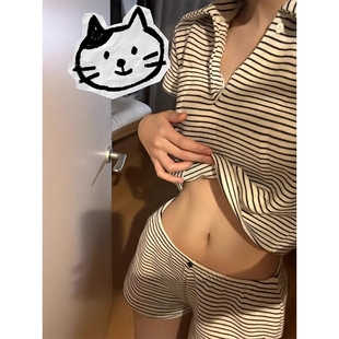 新款 可外出 睡衣女款 家居服套装 韩系v领条纹短袖 短裤 大码 夏季 热裤