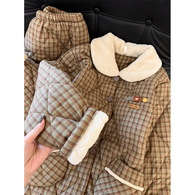 韩系撞色格子夹棉睡衣女款家居服