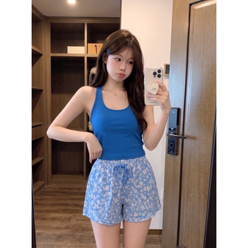 法式蓝色带胸垫工字背心吊带睡衣女夏季新款可外穿休闲居家服套装