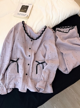 法式复古紫色波点蝴蝶结睡衣女春秋新款大码蕾丝花边家居服套装