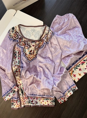 新中式国风紫色花卉印花金丝绒睡衣女冬季加厚长袖长裤家居服套装