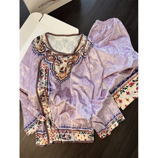 新中式国风紫色花卉印花金丝绒睡衣女冬季加厚长袖长裤家居服套装