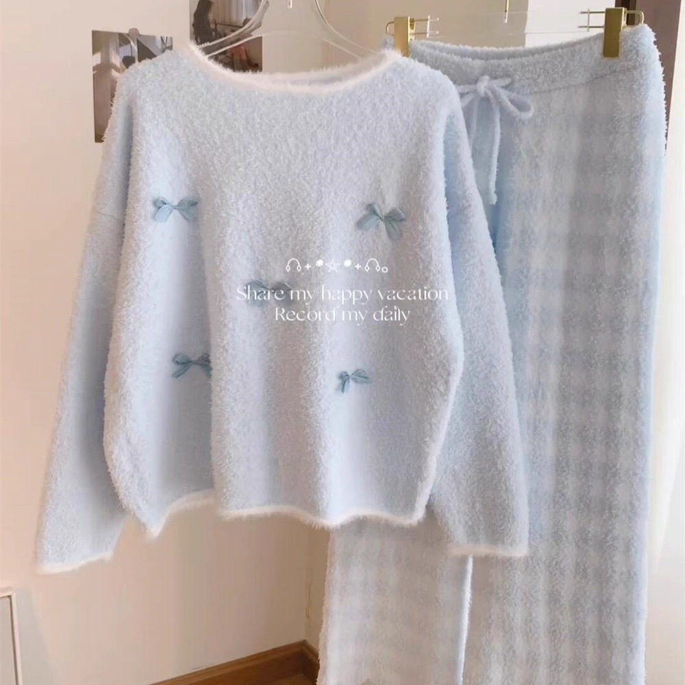 韩系甜美蝴蝶结针织半边绒睡衣女