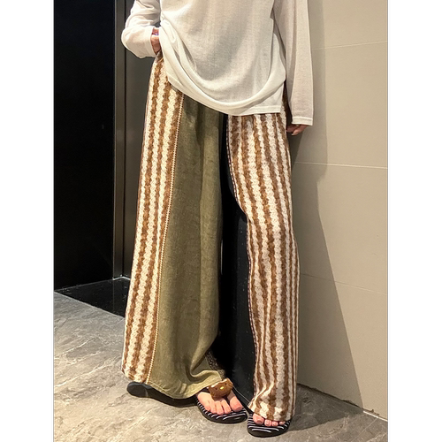 复古设计感拼色条纹阔腿睡裤